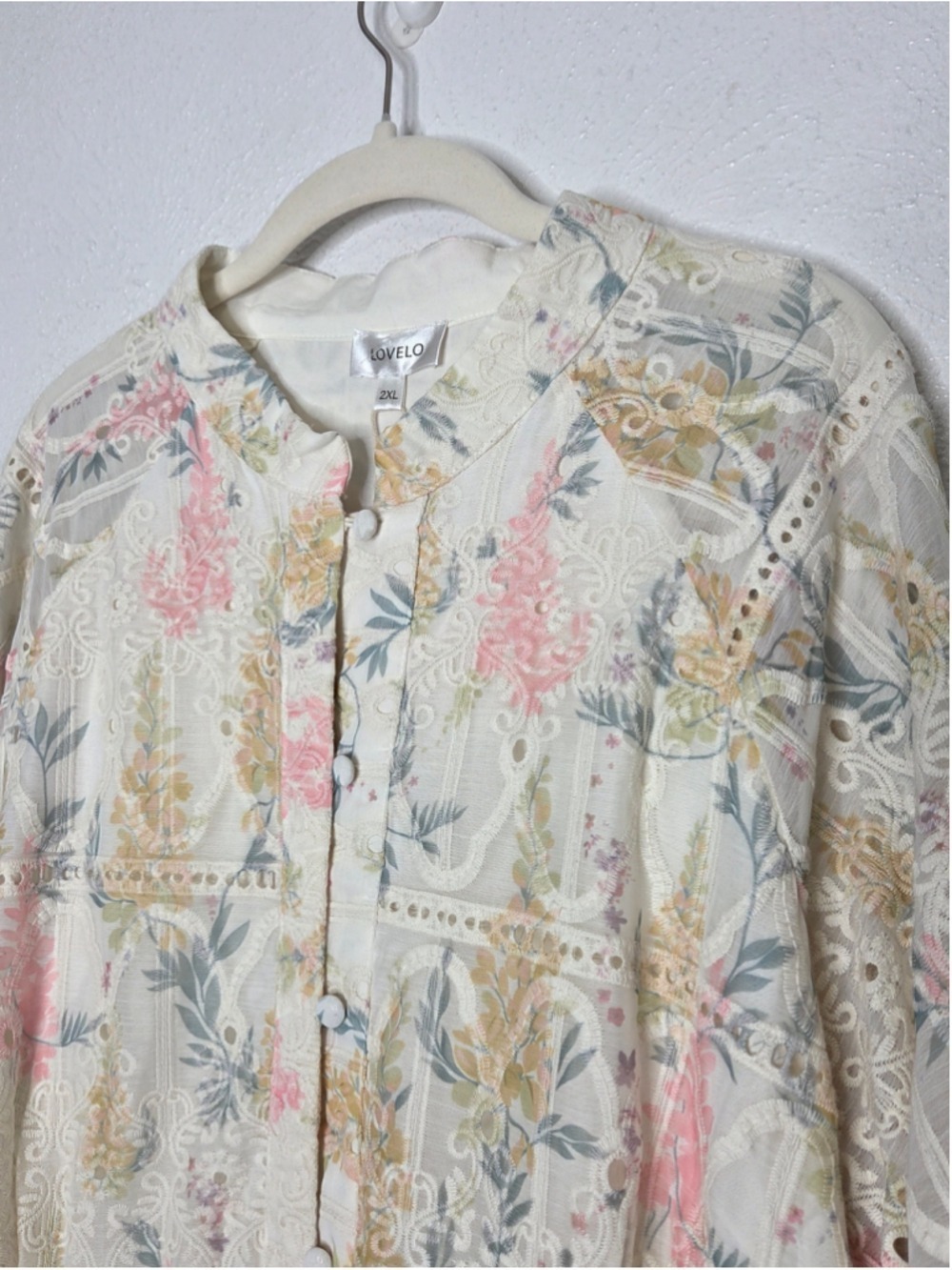 LOVELO Floral Lace Eyelet Dress Women's Size 2XL Long Sleeve Cream Button NWT - Picture 3 of 14